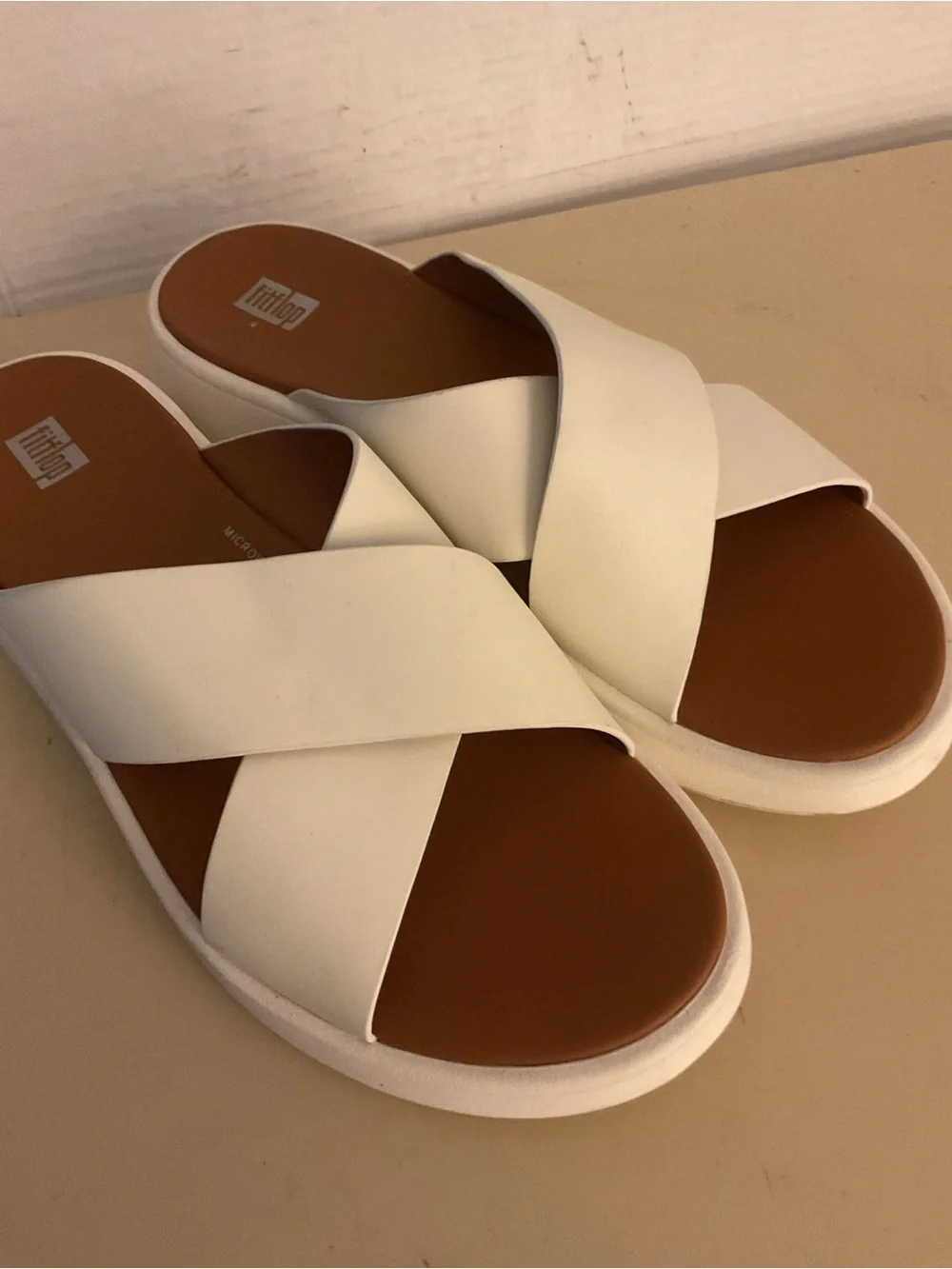Fitflop women white leather platform wedge slide sandals US 10